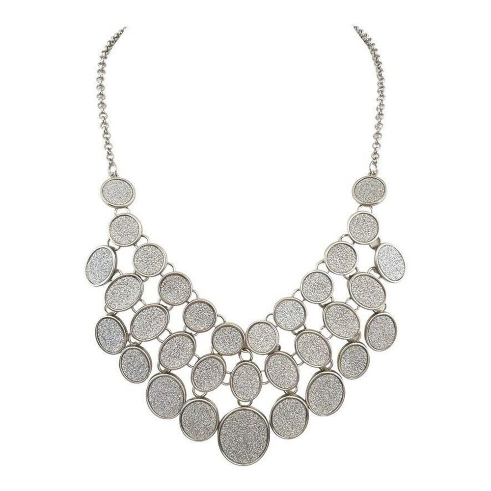 New Silver Tone Bib Necklace Glitter Sparkle Statement Layered - 1U